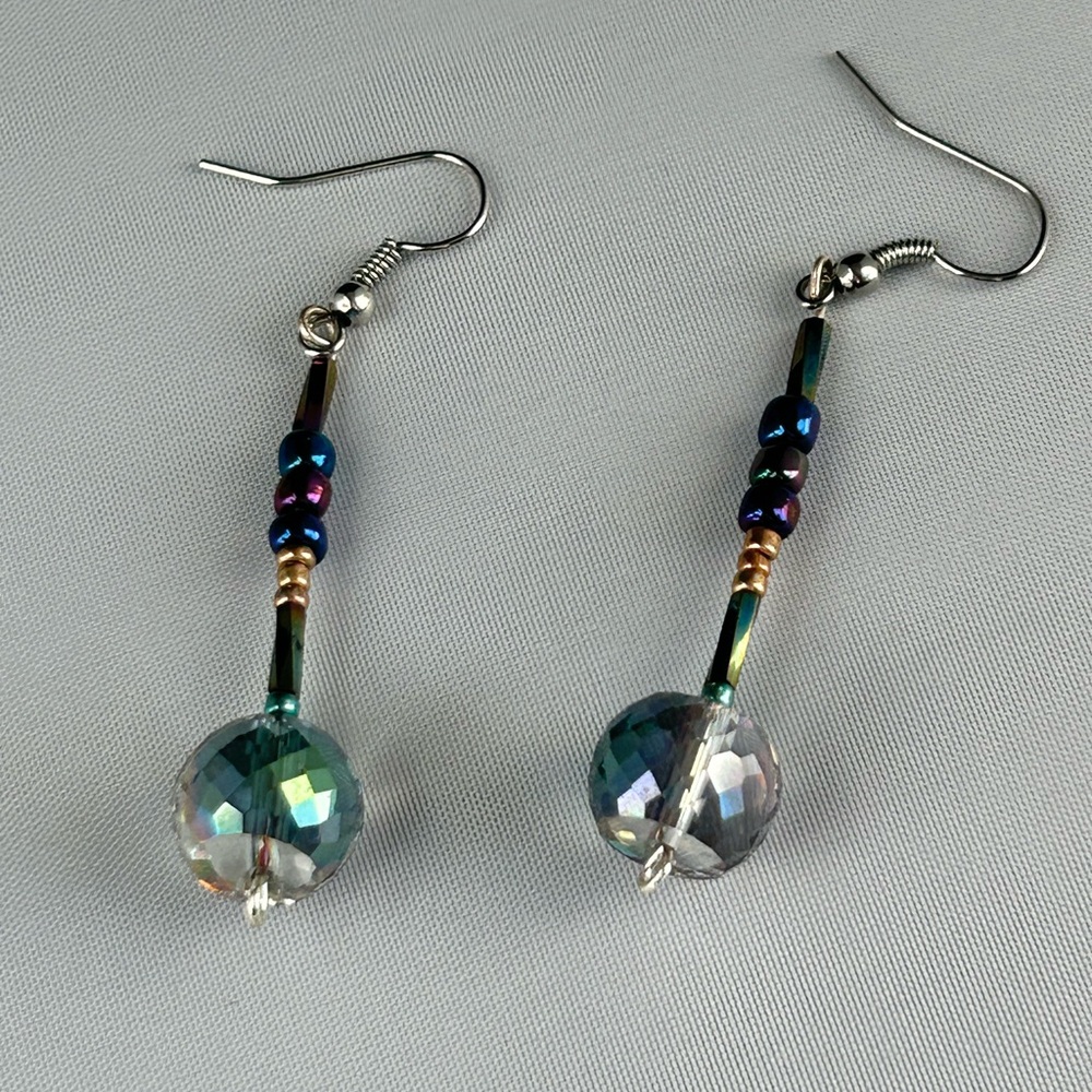 Iridescent Beaded Drop Earrings Handmade